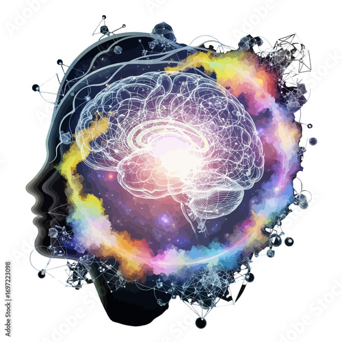 Abstract representation of a human head with a glowing brain surrounded by colorful cosmic elements