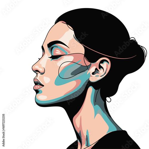 Profile portrait of a woman with artistic color highlights, showcasing serene expression and elegance