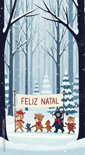Feliz natal christmas winter forest scene with cute bears family and snow covered trees holiday landscape vector