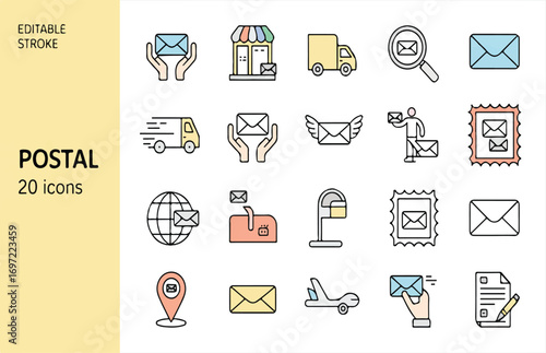Postal Services A Comprehensive Icon Set Featuring Envelopes, Delivery Trucks, and More, Ideal for Communication Designs