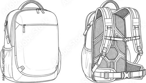 Technical backpack illustration, front and back view, ergonomic design, padded straps, mesh panel, outdoor gear, travel accessory, hiking equipment, vector drawing