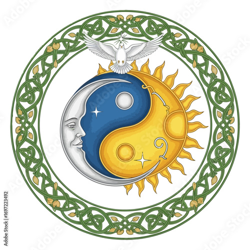 Intricate circular design featuring a yin-yang symbol with sun and moon faces, surrounded by Celtic patterns
