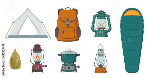 Camping Essentials - Tent, Backpack, Lanterns, Sleeping Bag, and Stove.