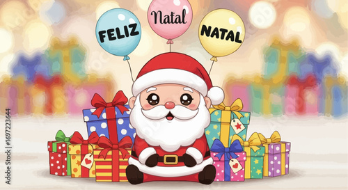 Download feliz natal santa claus with gifts and balloons vector illustration christmas holiday season art vector