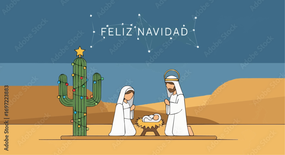 Feliz navidad christmas nativity scene with cactus christmas tree and constellation vector illustration art vector