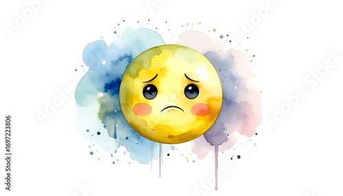 Watercolor painted sad emoji with blue and violet background elements