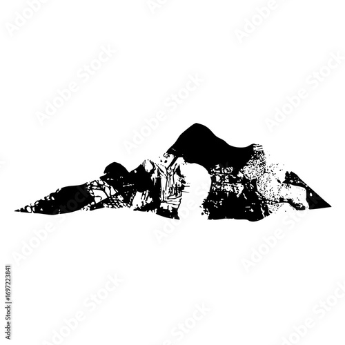 Vector Dramatic mountain range with a central cave opening.