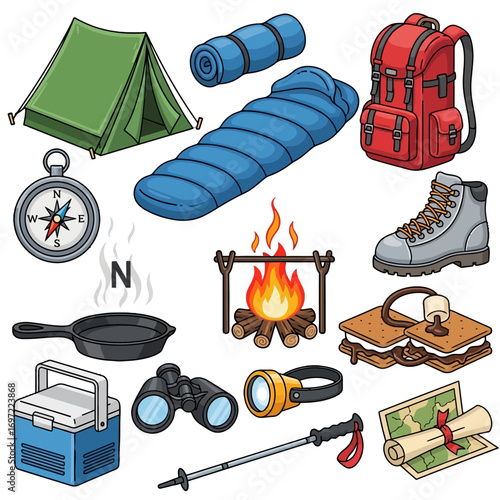 Camping Gear Collection Featuring Tent, Sleeping Bag, Backpack, and Campfire Essentials
