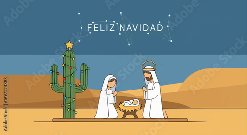 Feliz navidad christmas nativity scene with cactus christmas tree and constellation vector illustration art vector
