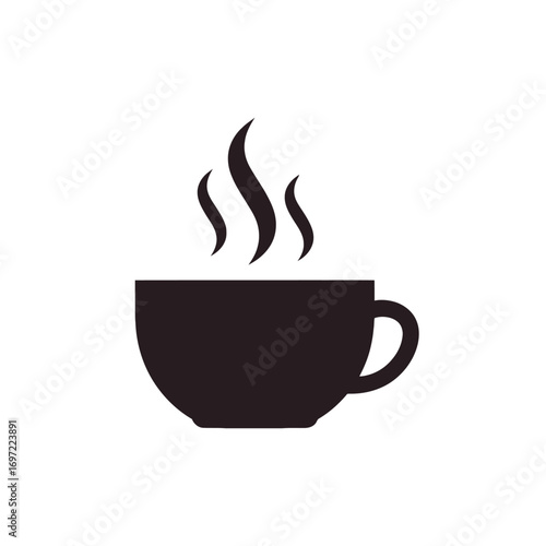 Black silhouette of a steaming coffee cup on a white background, ideal for beverage promotions