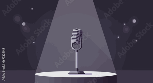 This minimalist flat design vector illustration features a classic microphone on a stand, ready for a captivating vocal performance on a simple stage. 