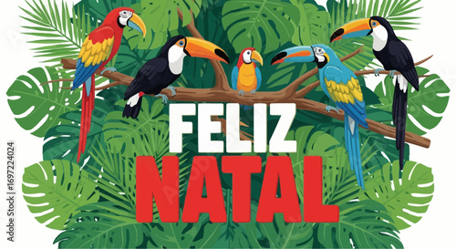 Feliz natal christmas tropical birds parrots toucans holiday season jungle leaves celebration design vector 100 vector