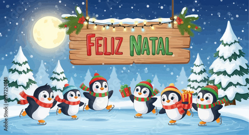 Feliz natal christmas penguins ice skating winter scene holiday greeting card festive illustration design vector