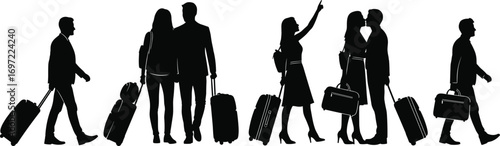 Travelers silhouette at airport, people with luggage, romantic couple, business travel, journey concept, walking, pointing, kissing, vacation, mobility