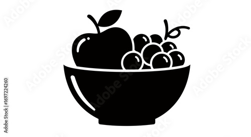 A simple black vector illustration of a bowl filled with fresh fruit, including an apple and grapes, perfect for healthy eating concepts.