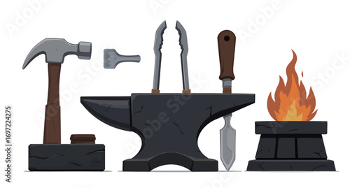 Blacksmith Tools and Anvil on White Background.