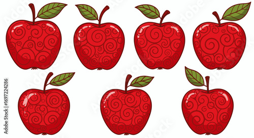 Set of seven vector illustrations of red apples with decorative swirls, perfect for various design projects, available as high-quality PNG files.