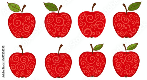 A collection of eight vibrant red apples, each adorned with intricate swirl patterns and green leaves, presented on a clean white background for versatile design applications.