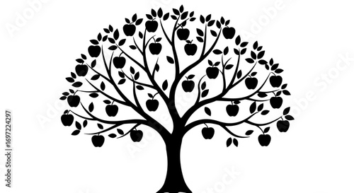 A beautiful apple tree silhouette with a multitude of ripe apples hanging from its branches, presented as a clean vector graphic for versatile design applications.