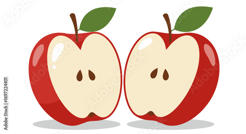 Two red apples sliced in half, presented as a vector graphic with PNG format, ideal for health, food, and nature-related projects, offering a clean and crisp visual appeal.