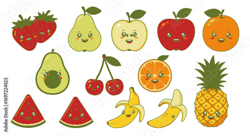 A vibrant collection of cute, smiling cartoon fruits like apples, oranges, and bananas, rendered in a playful vector style on a clean white background.
