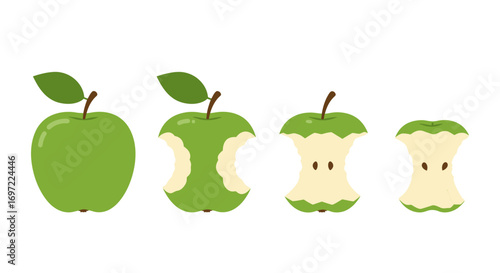 Vector illustration showing the progression of a green apple being eaten down to its core, presented on a white background.