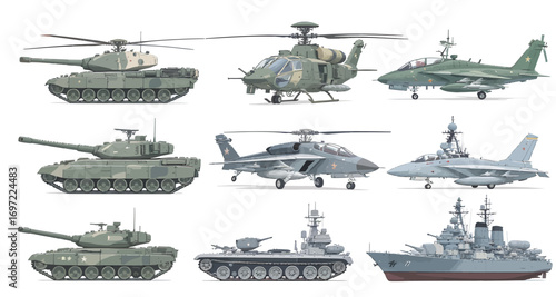 Collection of Military Vehicles Including Tanks Helicopters and Ships.