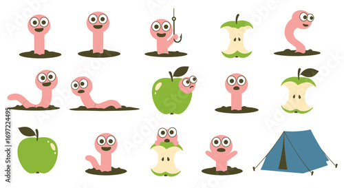 A set of vector images showcases playful cartoon worms interacting with apples in various scenarios, from emerging from holes to camping next to a tent.