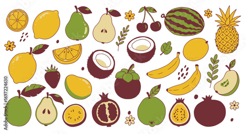 A vibrant collection of hand-drawn fruit illustrations, including apples, pears, lemons, and more, presented in a vector format, perfect for various design projects and creative applications.