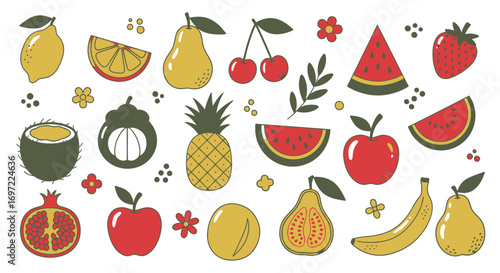 A vibrant vector illustration presents a delightful assortment of colorful fruits, perfect for adding a fresh and playful touch to any design project or template.