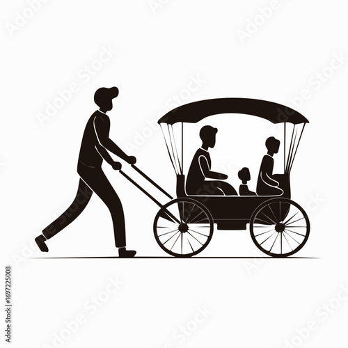 Black silhouette vector illustration of a person pushing a traditional passenger cart with a family. Travel, journey, manual transport.