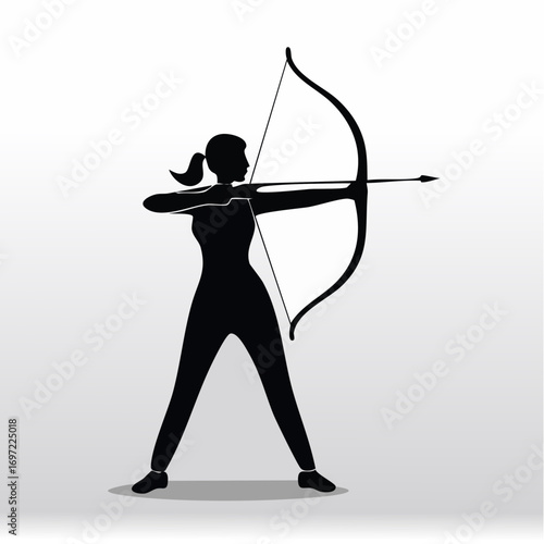 Silhouette of a Woman Archer Aiming with Bow and Arrow. Female Athlete Focusing on Target, Success, and Goal Achievement Concept.