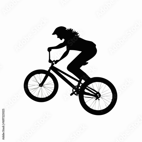 Dynamic female cyclist silhouette performing a bicycle trick, stunt, or jump. Extreme sports and active lifestyle concept isolated.