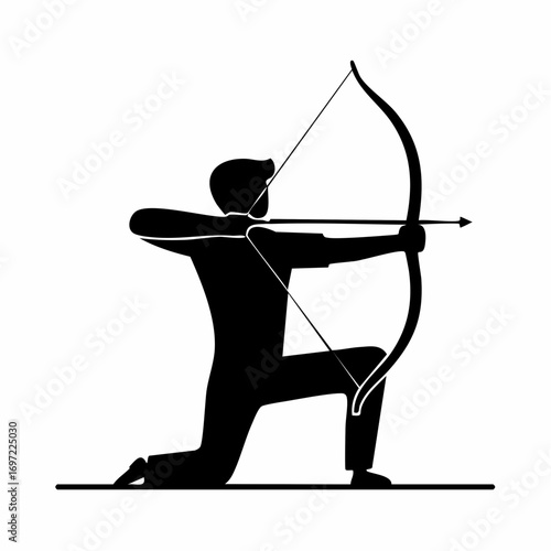 Archer aiming bow and arrow in a kneeling position, black silhouette icon. Archery sport, target practice, skill, precision symbol.