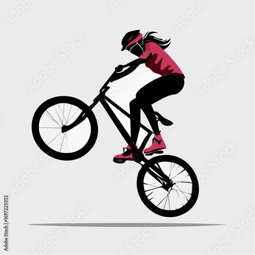 Dynamic vector illustration of a female cyclist performing an acrobatic wheelie on a bike, showcasing extreme sport and active lifestyle
