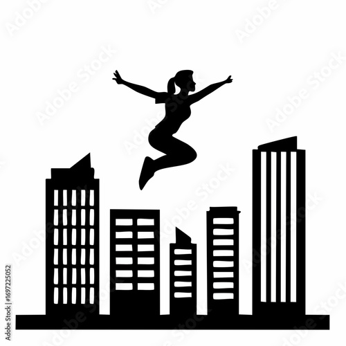 Dynamic silhouette of a woman jumping over city buildings, symbolizing freedom, success, aspiration, and achievement. Urban landscape.