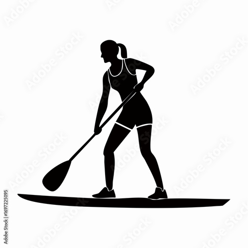 Dynamic silhouette of a woman stand-up paddleboarding (SUP) vector illustration, showcasing water sports, fitness, and active lifestyle.