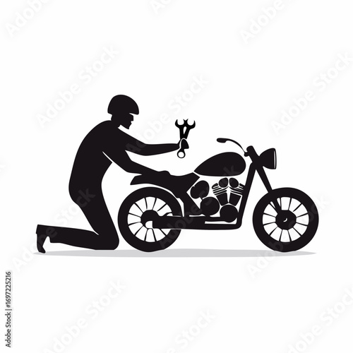 Mechanic silhouette repairing classic motorcycle with a wrench. Vector icon illustrating motorcycle service, maintenance, and repair.