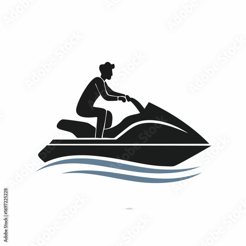 Silhouette illustration of a person riding a personal watercraft on waves. Summer water sport activity icon.