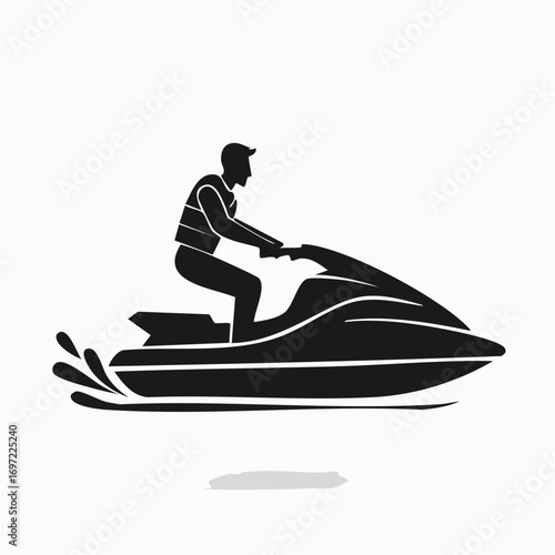 Black silhouette icon of a person riding a jet ski, illustrating water sports, summer recreation, and speed.