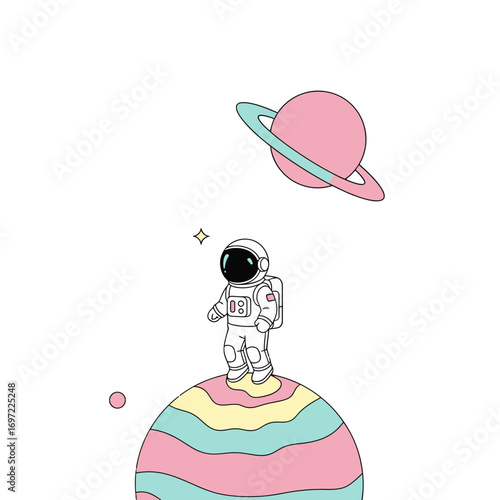 Cartoon astronaut standing on a colorful planet with a pink ringed planet in the background