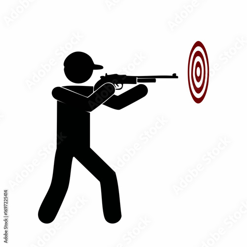 Minimalist stick figure icon of a person aiming a rifle at a target, representing shooting sport, aiming, accuracy, and competition.
