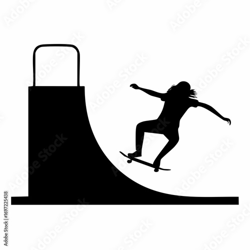 Silhouette of skateboarder riding down ramp at skate park, performing trick with arms outstretched, showcasing skill and athleticism in extreme sport.