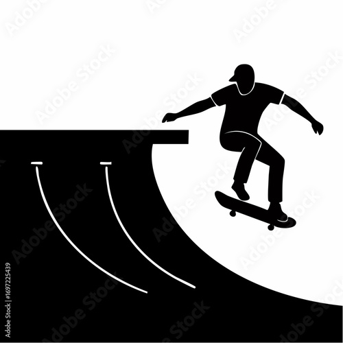 Extreme Skateboarding Action: Dynamic Skater Silhouette Jumping on Ramp Vector Art