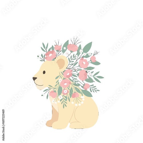 Cute lion cub adorned with a floral crown, sitting gracefully against a white background