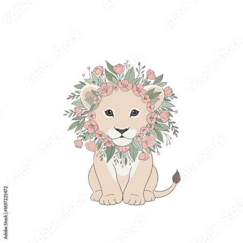 Cute lion cub adorned with a floral wreath, sitting against a plain background, showcasing nature's beauty