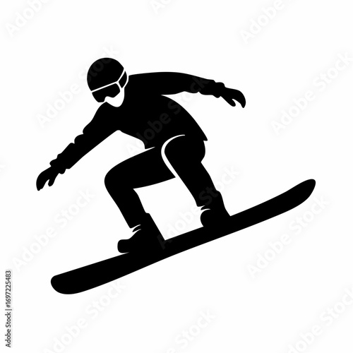 Dynamic silhouette of a snowboarder performing a jump, illustrating winter sports, extreme recreation, and active lifestyle.