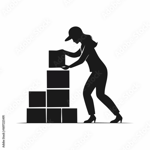 Silhouette of woman stacking boxes in warehouse, showcasing logistics and labor with a minimalist and modern aesthetic.