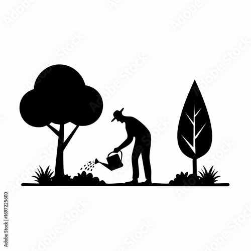 Black silhouette vector illustration of a gardener watering plants and trees with a watering can, symbolizing garden care and nature.