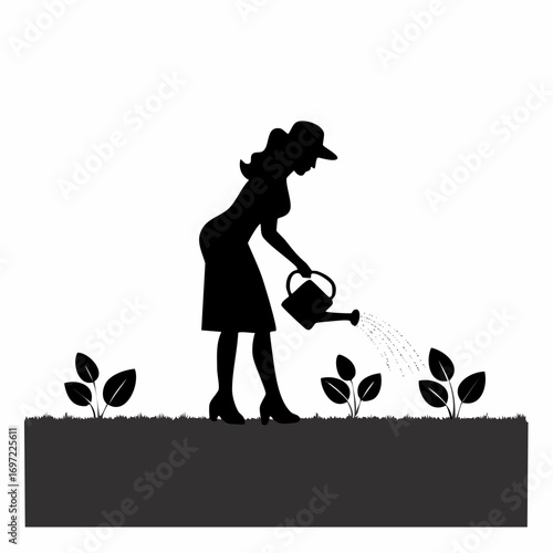 Black silhouette of a woman in a hat watering young plants in a planter with a watering can, depicting gardening hobby and plant care.